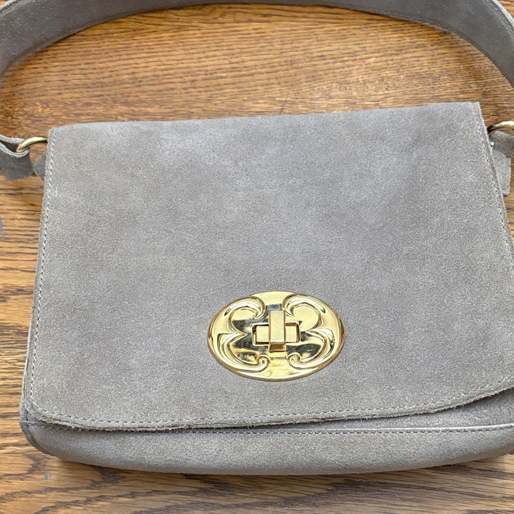 Emma Fox Gray Suede Crossbody Bag with Gold Detail